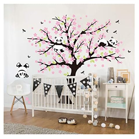 Sayala Vinilo Árbol con Panda Adhesivo 2 * 1.8m Pegatinas Pared con Hojas Rosa Derecho Cover
