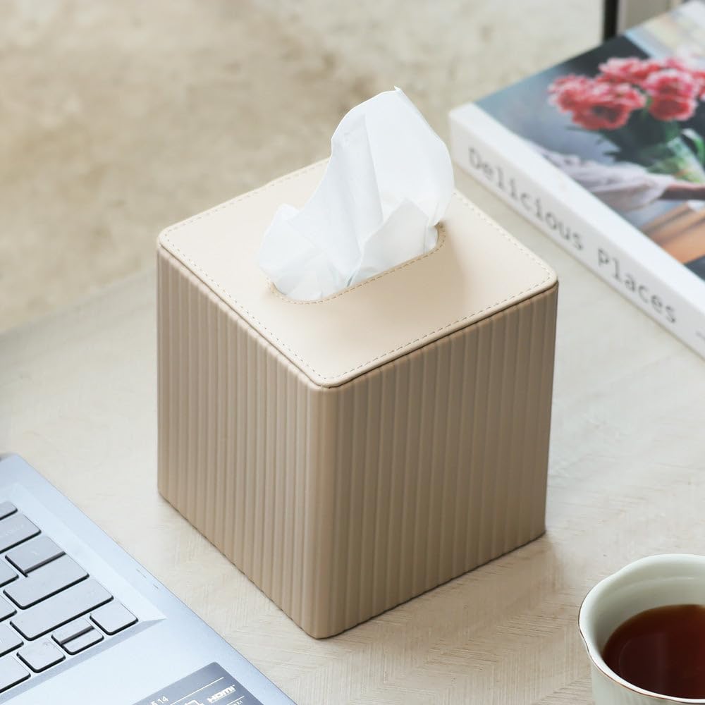 Columns Square Tissue Box Holder | PU Leather Material | Facial Tissue Holder for Bathroom Home Office Car| Textured Finish Paper Tissue Holder | Easy to Refill with Bottom Opening - Taupe — Amazon image 5