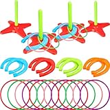 Foilswirl 60 Pieces Horseshoes Outside Game and Ring Toss Horseshoes Game Plastic Horseshoe and Ring Toss Game Set Includes 24 Ring Toss 32 Horseshoe 4 Plastic Dowels with Base for Outdoor Games
