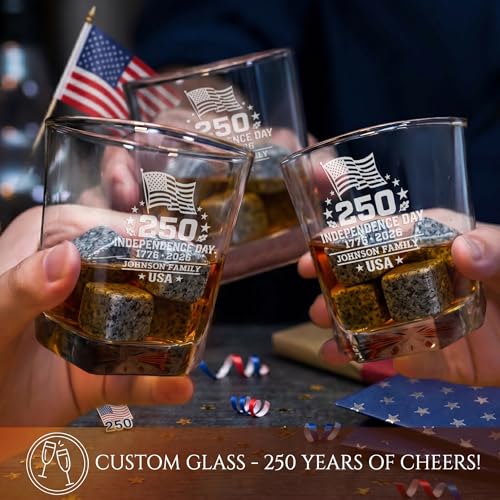 Image of Personalized 250th Anniversary Classic Whiskey Decanter Set - USA 250 Independence Gift for Men, Custom Engraved Family Name or Text,Decanter & 2 Whiskey Glasses, 9 Chilling Stones in Wooden Gift Box