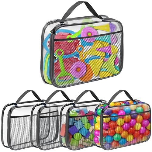 4er-Set XL Spielzeug-Aufbewahrungstaschen aus PVC | Wasserdicht mit Reißverschluss & Netzfächern | Für Bausteine, Badespielzeug, Puzzle (34x7.6x26.5 cm)
