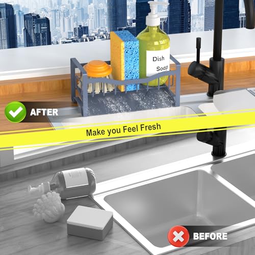 Maifan Stainless Steel Kitchen Sink Caddy Organizer with Auto Drain Tray, Sponge Holder for Countertop Storage Grey Blue — view 6