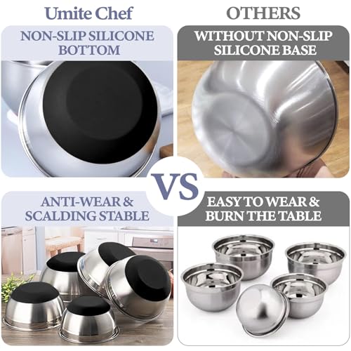 Umite Chef Mixing Bowls with Airtight Lids, 8PCS Stainless Steel Nesting Mixing Bowls Set, 3 Grater Attachments & Non-Slip Bottoms, Black Kitchen Bowls, Size 5, 4, 3.5, 2, 1.5QT for Baking & Serving