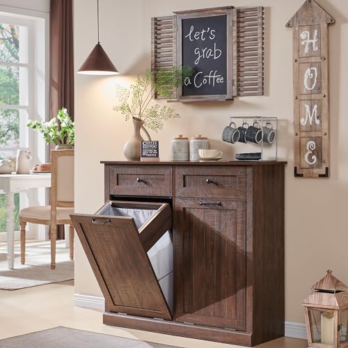 Image of IFGET Double Tilt Out Trash Cabinet, Wood Trash Can Cabinet, Brown