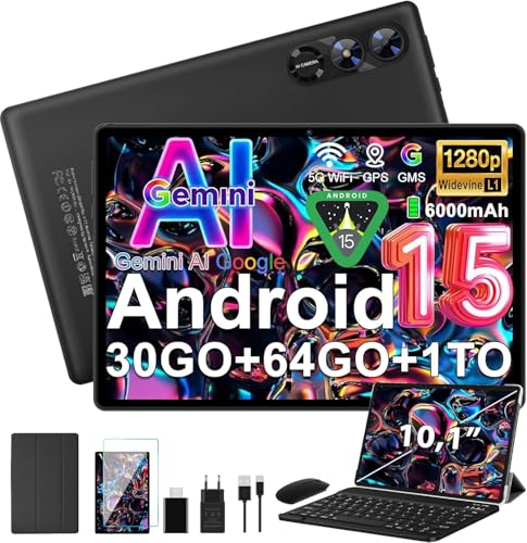 Android 15 Tablette 10 Pouces avec Gemini AI, Octa-Core Tablettes PC, 30 GO RAM+ 64 GO ROM (1TO TF), 3.5mm Audio/ WiFi 6 & BT 5.0 / 6000mAh /GPS/Widevine L1,Tablettes...
