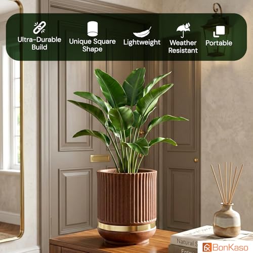 Image of BonKaso 14 Inch Tower Plant Pot for Indoor & Outdoor | Modern Lightweight Polymer Planter | Weather, UV & Frost Resistant | Ideal for Living Room, Balcony, Office & Nursery (Antique Brown)