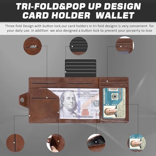 Wallet with Airtag Holder, Pop Up Card Holder and Cash Slot — Leather, Compatible with Apple Air Tag, RFID Blocking, Tri-fold Mens Wallet, Gift for Men (Brown)4