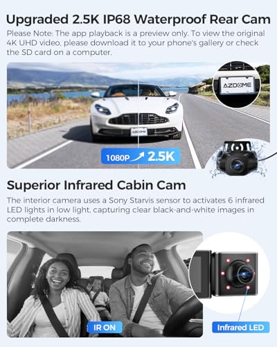 AZDOME M550 3 Channel Dash Cam, 4K+2.5K Dual Dash Camera for Cars Built-in WiFi GPS, 1440P+1080P+1440P Front and Rear Inside, 64GB Card Included, 3.19" IPS Screen, WDR, IR Night Vision, Parking Mode - Image 4