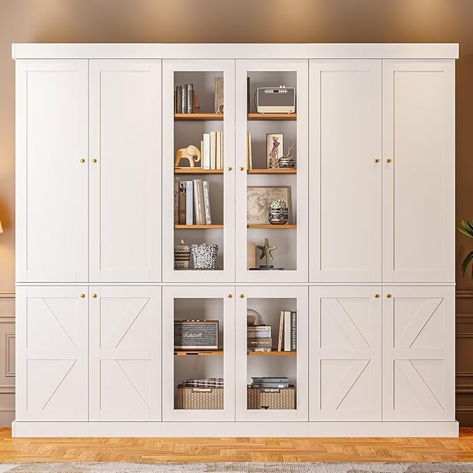 Image of ivaniti 70.8 inch Tall Farmhouse Bookshelf with Glass Doors, Modular Wooden Storage Cabinet with 6-Tier Adjustable Shelves, Hutch for Study or Home Office, Set of 3, White