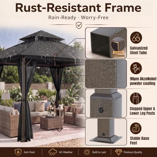 Image of MASTERCANOPY 9x9 ft Stable Patio Gazebo with Netting Walls, Dark Black