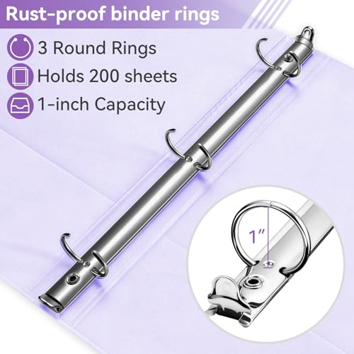 Image of SUIN 1 Inch 3 Ring Binder, Clear 1'' View Presentation Binders with 2 Pockets, Fits 8.5 x 11 Letter Size, Durable Polypropylene, Non-Stick & PVC-Free for School, Office & Home (Pastel Purple)