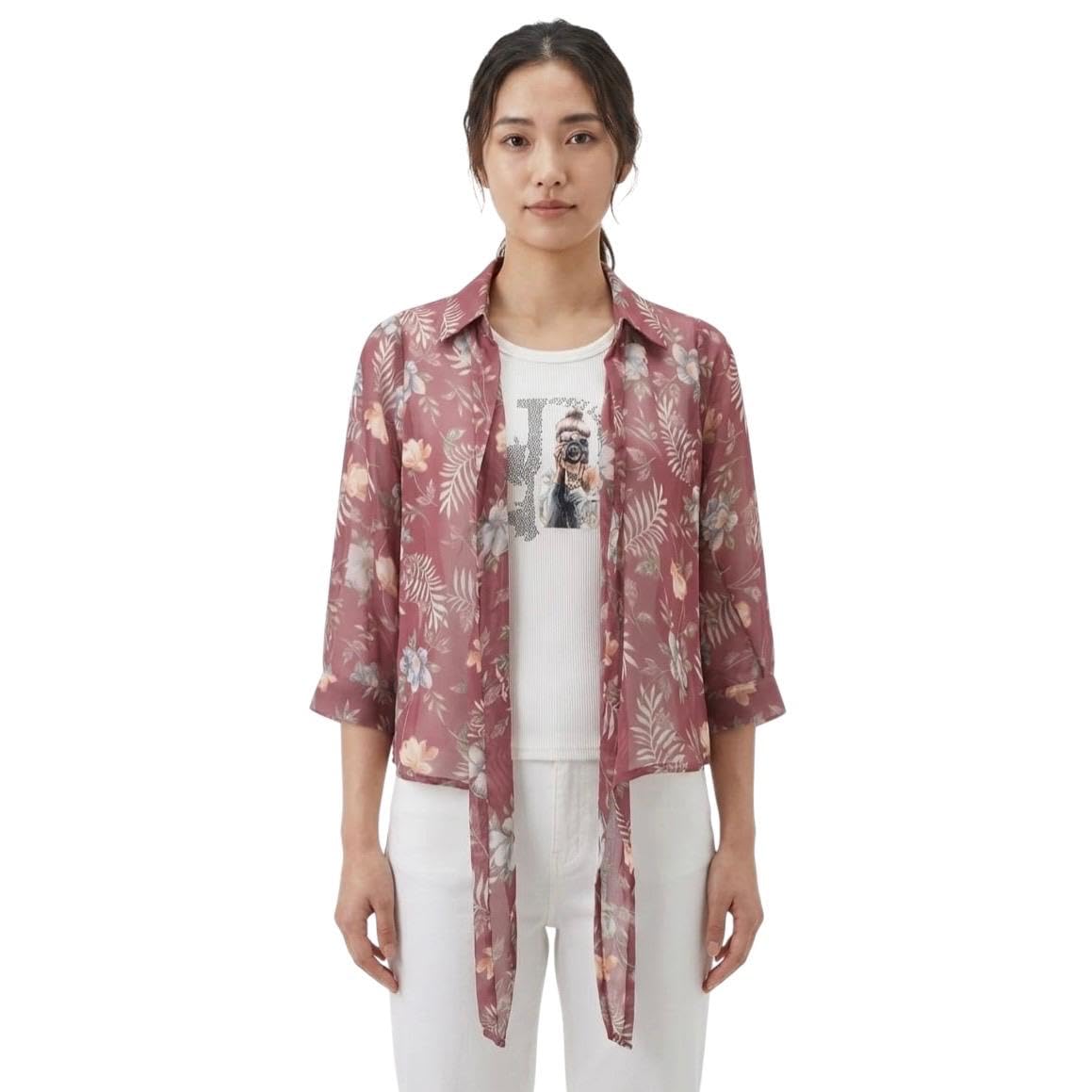 Women Floral Print Chiffon Top Casual Three Quarter Sleeve Tie Up Front Shrug Style Top-image-21