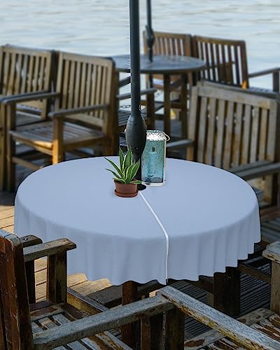 HERBED Round Outdoor Table Cloth 60 Inch Solid Color Light Blue Tablecloth with Umbrella Hole, Zipper Table Cover Waterproof Stain Resistant Tablecloths for Patio Party Picnic