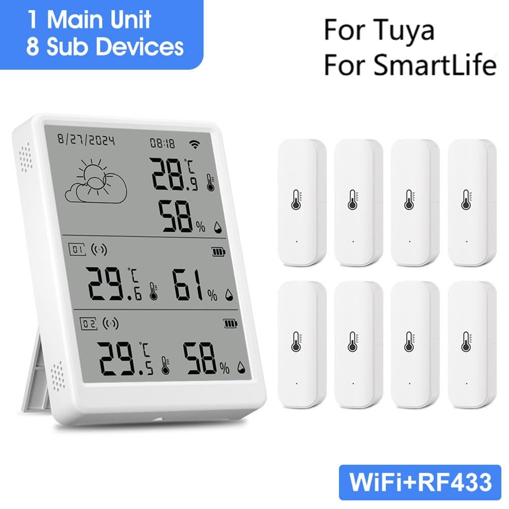 Detector inalámbrico de temperatura y humedad Tuya, unidad base de pantalla LCD, señal de 100 m para rango, control de voz a través de la integración de Alexa