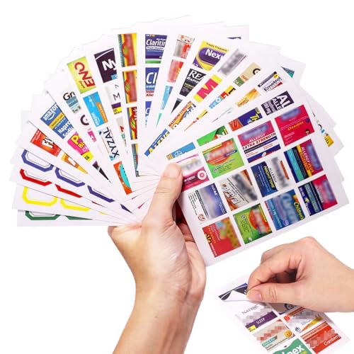 383Pcs Pill Organizer Medicine Labels, Pre-Cut Medicine Stickers Travel Daily Pill Container Labels with 34 Sheets Pill Box Lables Pill Organizer Stickers of Brands+4 Sheets Blank Stickers(351+32PCS)