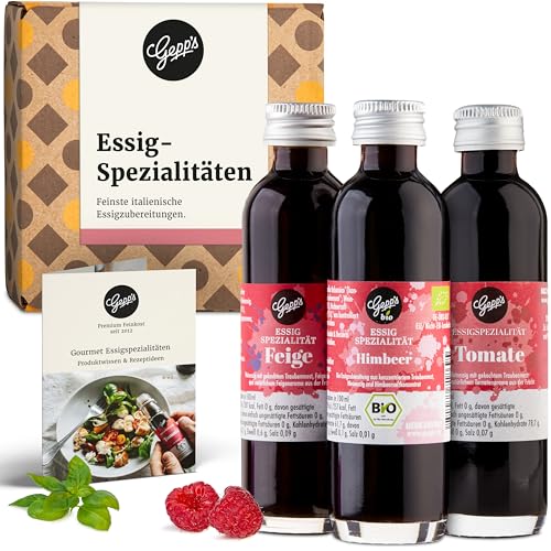 Gepp’s Feinkost 3er Mini Essig Set I Essig Geschenkset für Genießer I Tomaten Balsam, Feigen Balsam & Bio-Himbeeressig I Essig Geschenkbox I Ideal für Salate, Käse & mehr