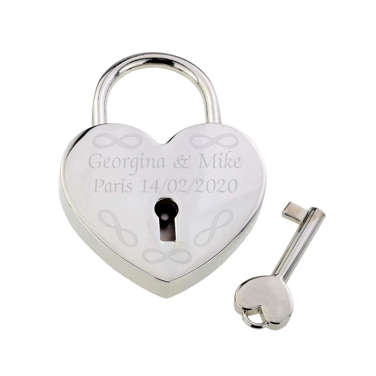 Gtr-Prestige Giftware Silver Personalised Eternity Design Love Metal Padlock With Names & Date, In A Gift Pouch