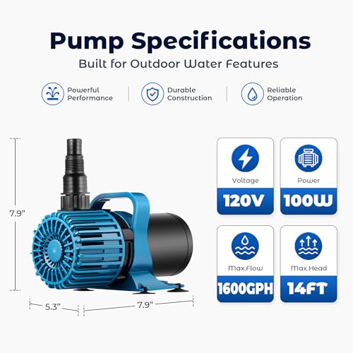 Image of TONGCHANT Pond Pump for Fish Pond Fountain & Waterfall, 1600 GPH 14FT Lift | 100W submersible water pump, ultra quiet motor, 180 rotatable outlet, filter bag, 20FT cord, UL listed, blue