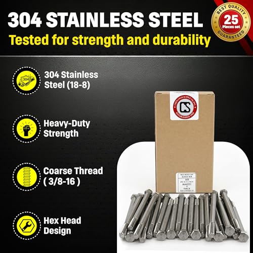 Image of Chenango Supply 3 /8-16 x 5 Stainless Steel Hex Head Bolts - 304 Stainless, USS Coarse Thread, 100,000-125,000 PSI Tensile Strength, Corrosion-Resistant Hardware Bolts, (25 Pieces, 3 /8-16 x 5)