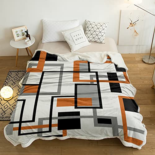 Mid Century Sherpa Fleece Throw Blanket - Abstract Orange Black Lines Fluffy Super Soft Microfiber Blanket Fuzzy Blanket For Couch Bed Sofa 60 X 80 Inches #TOP3