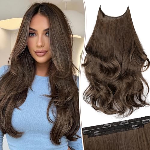 KooKaStyle Invisible Wire Hair Extensions Long Wavy Layered Synthetic Hair Extensions with Transparent Wire Adjustable Size 6 Secure Clips Medium Ash Brown Hairpieces for Women 20 Inch