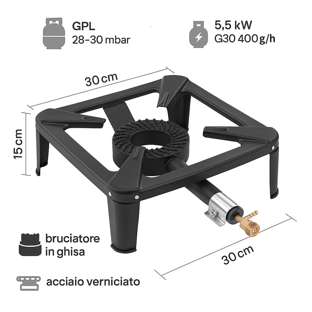 Fornellone a Gas 4 piedi 30x30 cm, bruciatore in ghisa, acciaio verniciato nero, GPL per bombola, Butano - Propano, Altezza 15 cm
