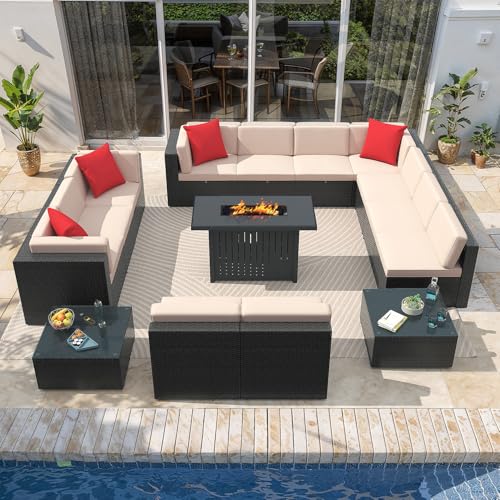 Image of Greesum Patio Furniture Sets 15-Pieces Outdoor PE Rattan Sectional Sofa w /43in Gas Fire Pit Table 55000 BTU Add Warmth to Gatherings Parties On Deck Garden Backyard,Beige