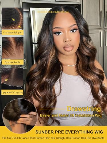 Image of Sunber Ombre Brown Balayage Body Wave Human Hair Glueless Wigs Bye Bye Slip Upgrade 3D Cap Pre Cut 7x5 Lace Front Put On Go 3S Wear Pre Plucked Invisible Knots Highlights Brown Body Wave Wig 26Inch