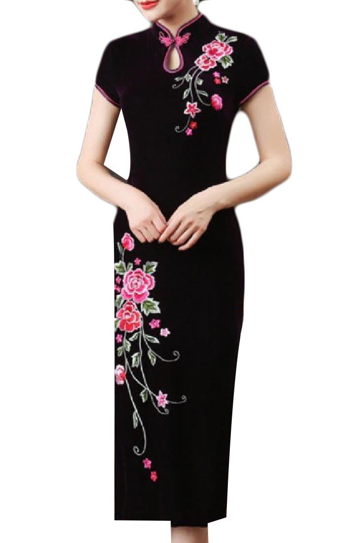 Premium Plus Size Chinese Gown Longline Embroidery Sexy Dress - Purple -