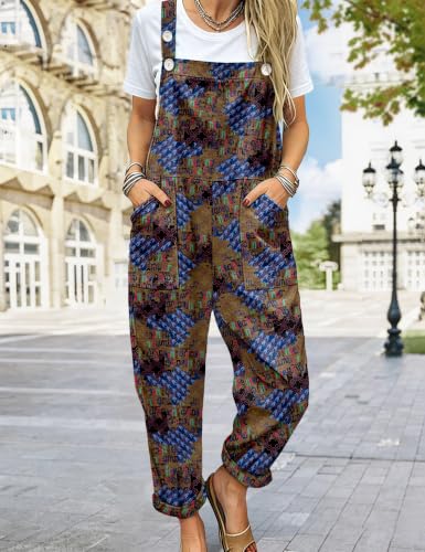 Image of YESNO Women's Overalls Cotton Boho Casual Floral Bib Jumpsuit Baggy Adjustable Strap Romper with Pockets PVV