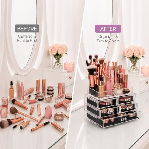 Image of Brookstone Makeup Organizer Countertop, Cosmetic Display Case, Acrylic Makeup Storage for Vanity, Clear Make-up Organizer for Vanity, Accessories Holder with Drawers