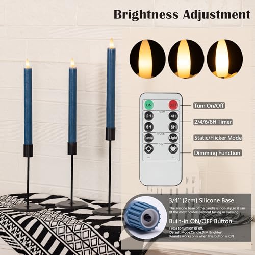 Image of Flameless Taper Candles with Remote, Real Wax Battery Operated LED Candles Set with 3D Flickering Flame, 9.6 inch Realistic Dripless Candlesticks for Wedding Home Decor, 3 Pack Blue