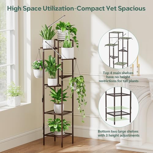Image of Quikraen 8-Tier Brown Plant Stand with Grow Lights, 58.5 inch Tall Ultra-Narrow Corner Plant Shelf with 2-Head LED Grow Light & Hanging Hooks, Space-Saving Metal Flower Pot Holder Rack for Indoor Plants, Patio, Balcony