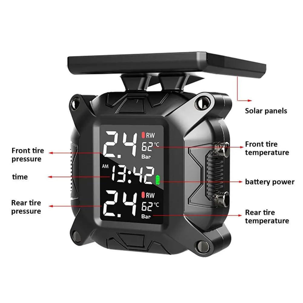 Moto TPMS Solar Power Tire Pressure Monitor in tempo reale di monitoraggio della pressione dei pneumatici Sensore di temperatura durevole