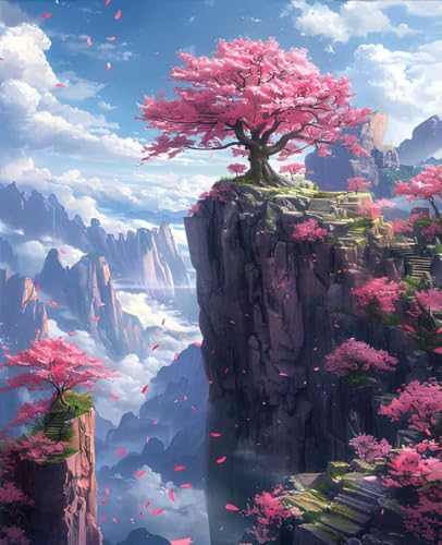 数字油絵 山 数字キットによる絵画 桜 Paint by Numbers DIYペイント 大人の 初心者 子供用 簡単に塗れる アクリル水彩絵の具 手芸 画材 手工芸 キット 3つのペイントブラシと1つのセットのアクリル顔料を使用 ホーム オフィス装飾 G