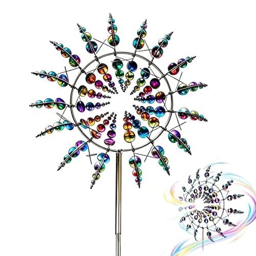 Magische Windmühle 3D Windrad Edelstahl Windspiel Garten mit Gartenpfahl 360 Dual Rotors kinetische Wind Spinner Wind Spinner im Freien Geeignet für Innenhöfe Terrassenrasen Gartendekoration Silber