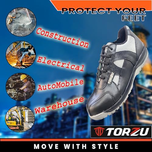 Image of Safety Shoes, Black Leather with Perforated Design, Anti-Slip Work Footwear
