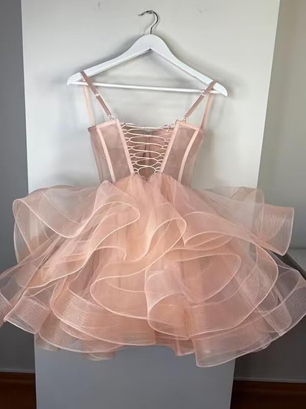 Glitter Tulle Short Prom Dresses Spaghetti Straps Satin Tiered Homecoming Dresses for Teens Corset Formal Cocktail Gown3
