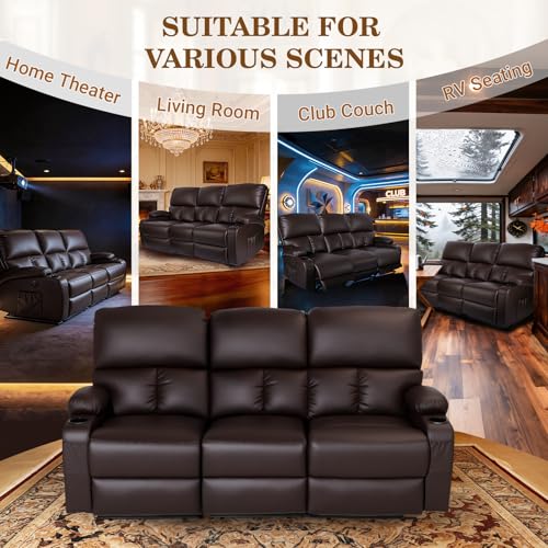 Image of CHABATREE Home Theater Seating,RV Recliner Sofa with Massage and Heat,Manual RV Recliner Loveseat with USB /Cup Holders and Side Pocket for Living Room,3 Seater Brown