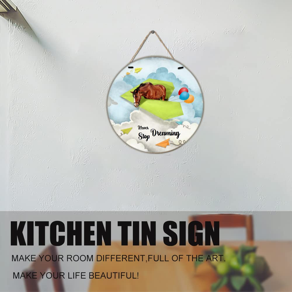 Finamille Inspirational Wall Art -Never Stop Dreaming,Horse Shabby Chic Round Sign for Kid's Bedroom Classroom Nursery 12x12 Inches Wooden Door Hanger