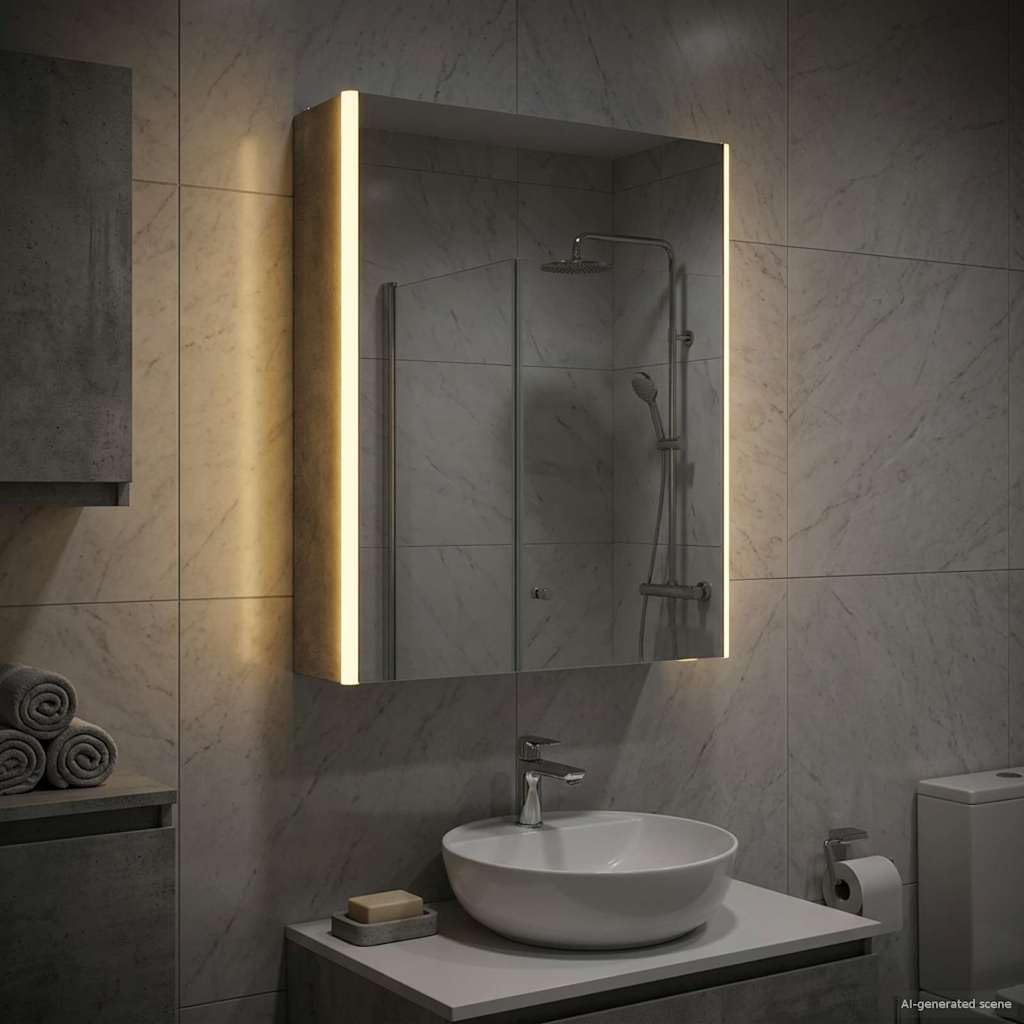 Szafka łazienkowa z lustrem betonowym, szara, 53,5 x 15,5 x 70 cm, materiał drewnopochodny z oświetleniem LED, montaż na ścianie, schowek, regał, regulowane półki do łazienki, toalety dla