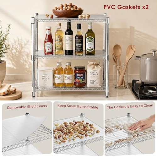 Image of Heavy Duty 3-Shelf Shelving Unit, 24.02 inch W x 13.78 inch D x 21.97 inch H Chrome Steel Storage Rack with Wheels, 2 PP Shelf Liners and Hooks, Adjustable Under Desk Organizer for Kitchen, Office, Garage