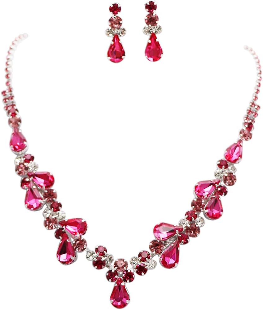 Rosemarie Collections Women's Stunning Rhinestone Crystal Teardrop Statement Necklace Hypoallergenic Drop Earrings Set, 15"+6" Extender