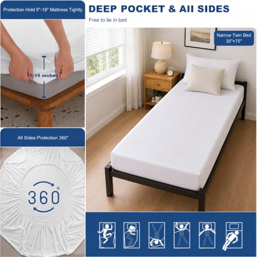 Image of GRT 1 Pack 100% Waterproof Mattress Protector RV Bunk Mattress Protector for 75 inch x 30 inch Narrow Twin, Breathable & Noiseless Waterproof Mattress Cover Fitted Deep Pocket from 5 inch to 19 inch, Vinyl Free