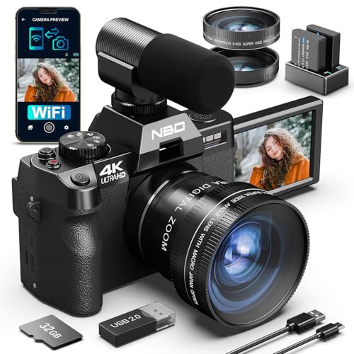NBD Cámara digital 4K 48MP Autofocus con lente gran angular y Macro, zoom 16x, tarjeta de 32 GB y micrófono, pantalla de película de 3,0' 180° cámara compacta para principiantes 2502