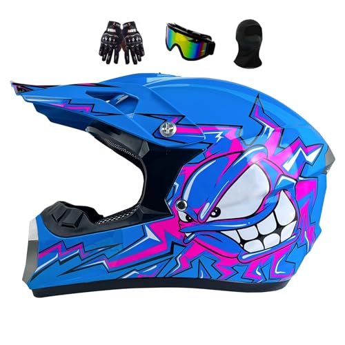 Casco Integrale Motocross, Casco Motocross Set Per Bambini E Adulti,Casco Da Moto Off-road Adolescente, Casco Da Bicicletta Per Ragazzi E Ragazze(Blue,S(52-53CM))