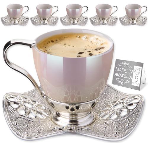 Nisa Turkish Coffee Cup Set for 6 People 3 oz Small Porcelain Mugs with Silver Metal Handles and Wavy Saucers Fancy Espresso Greek Arabic Coffee Cup Set, Pearl and Silver, 18 Pcs, 88 cc