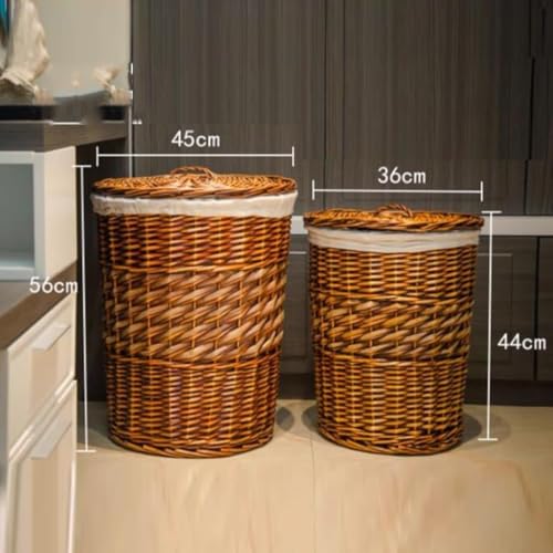 Handgewebter Rattan-Wäschekorb mit Deckel, runder Weidenkorb für Kleidung, Spielzeug, Decken, herausnehmbares Baumwollfutter
