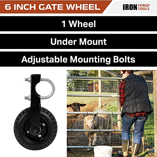Image of Iron Forge Tools Fence Gate Wheel - 6 Inch Under Mount Rolling Wheels for Wooden or Metal Tube Gates - Heavy Duty Sliding - Adjustable Steel U-Bolts for Easy Mounting