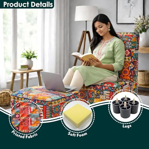 Image of Rosebell 1 Seater Wooden Sofa Set with Ottoman | Multicolor Printed Fabric Sofa | Comfortable Living Room & Office Sofa Set